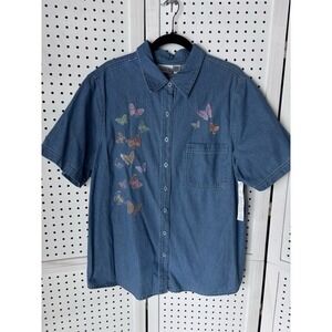 Club Z Collection Short SLV Denim Button Down Shirt Womens 1X Butterfly Embroide